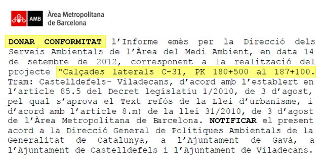 Conformitat de l'�rea Metropolitana de Barcelona a l'estudi de cal�ades laterals per l'autovia de Castelldefels (C-31) (2 Octubre 2012)